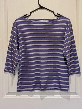 EUC 90s Agena L Vintage Blue Black and White Striped Stretch Cotton Top